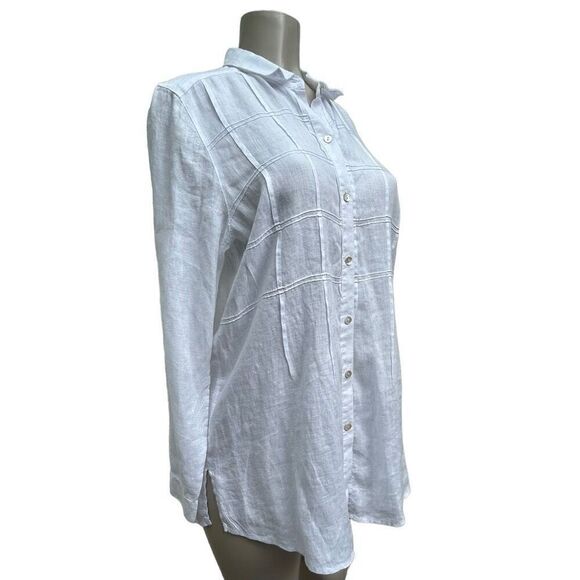 J. Jill Love Linen Tunic Blouse Women's Medium White Pintuck Plaid Button Front - Picture 7 of 15